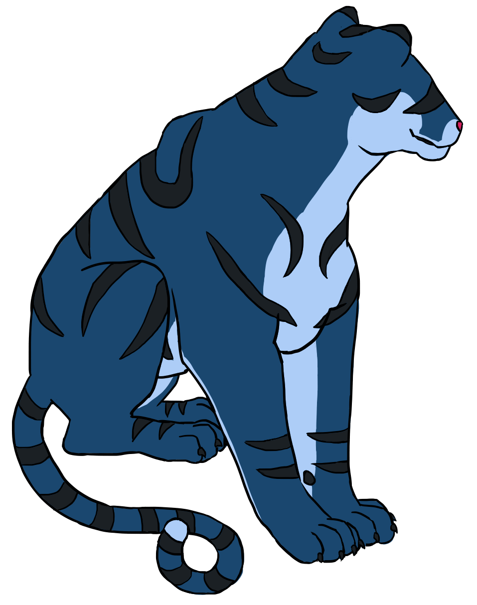 A blue-colored tiger sitting, facing away.