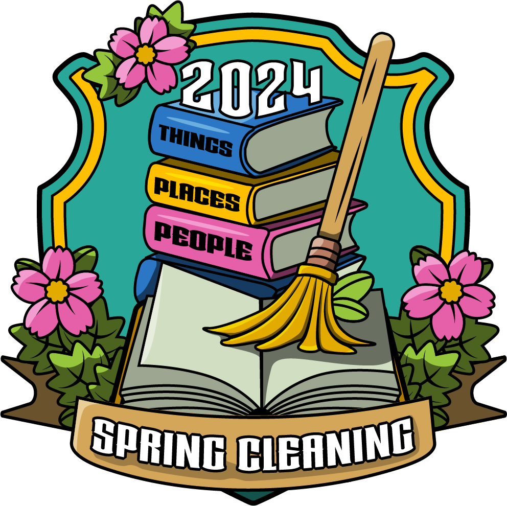 A broom sweeping pages across an open book, background stack of books and blue shield, text Spring Cleaning 2024